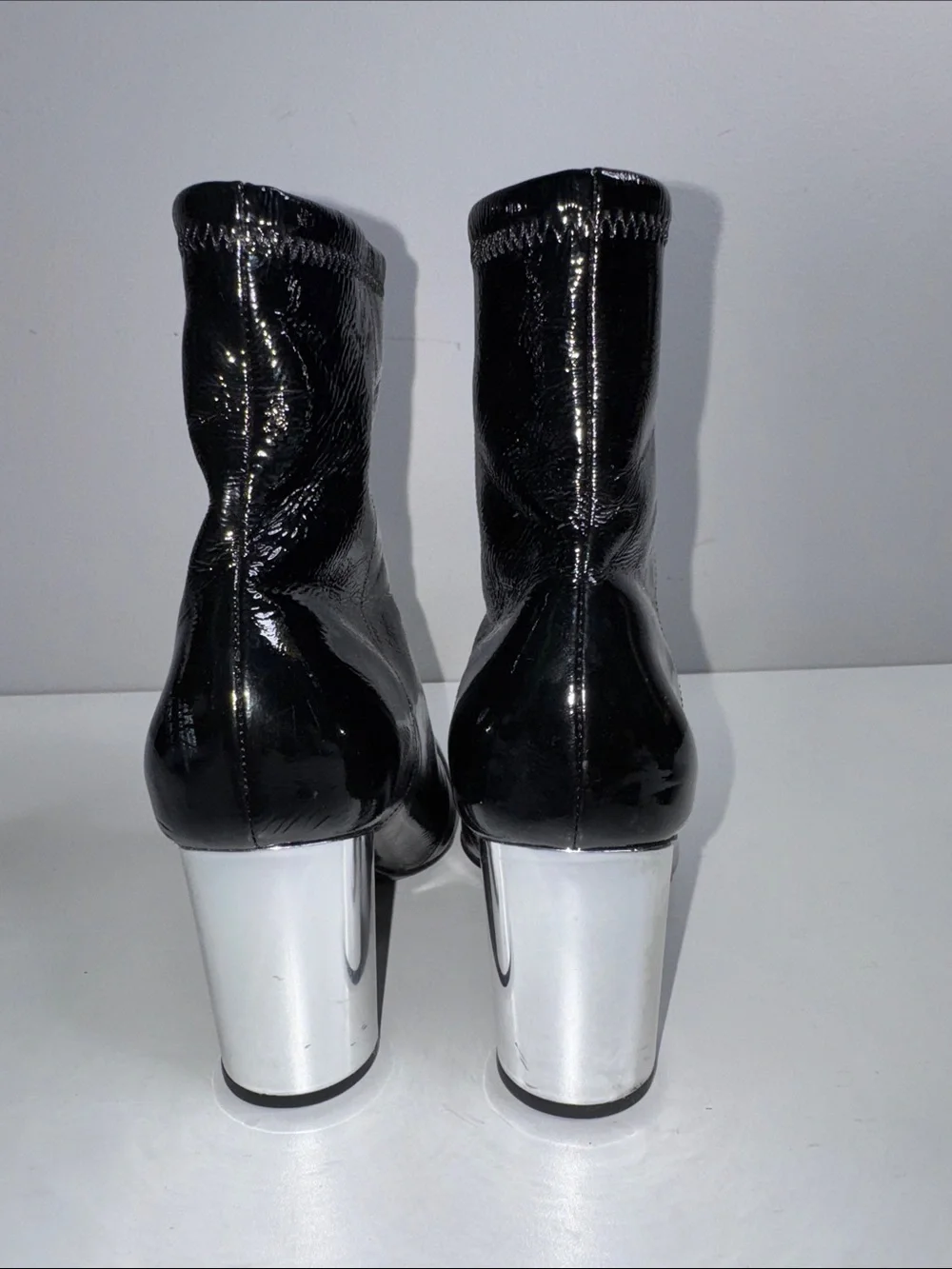 Opening Ceremony Black Patent Leather Ankle Boots with Silver Block Heels